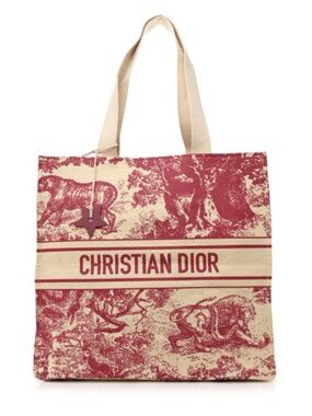 Limited Christian Dior Red and Cream Straw Toile Tote